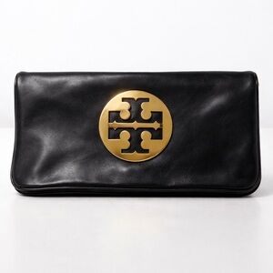 Tory Burch Black Leather Clutch with Gold Logo Emblem